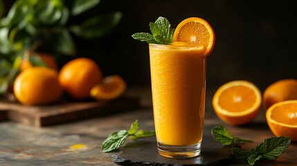 Fototapeta premium A vibrant orange smoothie in a tall glass, garnished with an orange wheel and mint leaves, surrounded by whole citrus fruits, bright sunlight, refreshing and energizing atmosphere. --ar 16:9
