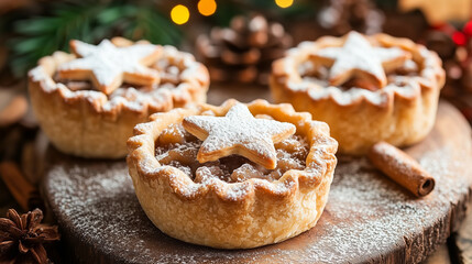 Festive Christmas mince pies with star-shaped tops dusted with powdered sugar, surrounded by holiday decorations.