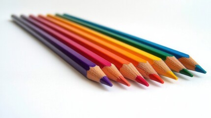 Fototapeta premium A neatly arranged line of sharpened colored pencils placed on a pure white background