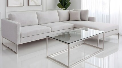 A modern minimalist living room with a light gray sectional sofa and a clear glass coffee table, clean lines and neutral palette, overview perspective, landscape orientation