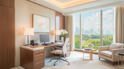 A modern, stylish office featuring a desk, ergonomic chair, large window with greenery outside, and elegant decor.