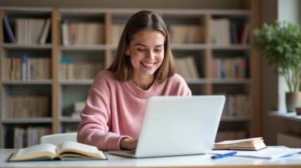 A woman working with documents on her laptop.