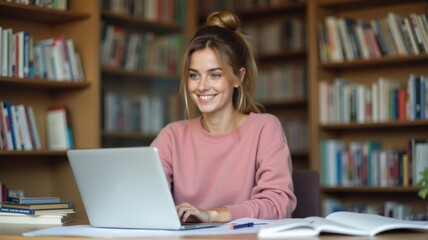 A smiling woman reading information from her laptop screen.