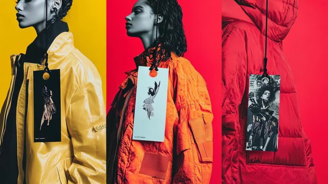 Three models wear different colored jackets with tags hanging off of them