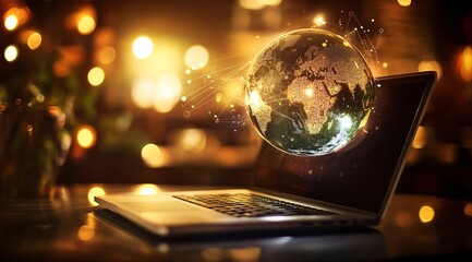 A glowing digital globe hovering over a laptop in a cozy workspace during a warm afternoon light