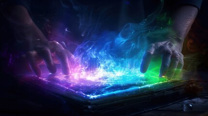 A vibrant, mystical scene of hands interacting with a colorful, swirling digital interface, showcasing elements of technology and creativity.