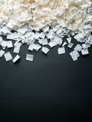 White paper scraps on a dark background, creating a textured surface.