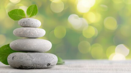 A peaceful stack of smooth stones topped with green leaves, set against a softly blurred natural background, symbolizing balance and tranquility.