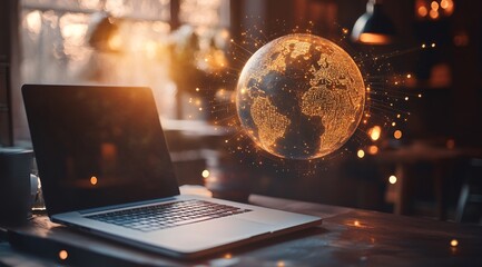 A glowing digital globe hovering over a laptop in a cozy workspace during a warm afternoon light
