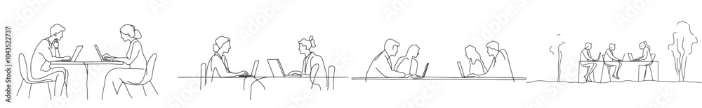 Aufkleber drawing showing three employees discussing their jobs in continuous line