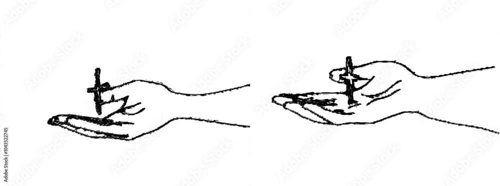Poster a continuous line drawing depicting hands palms combined with a medical cross. it is a modern illust