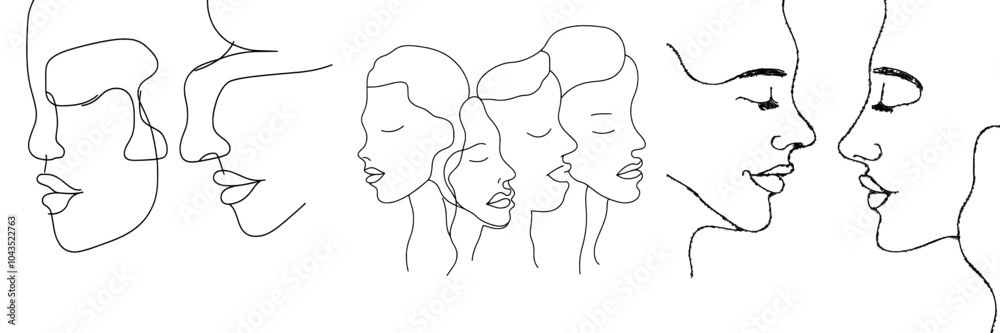 Poster Abstract seamless face pattern with one line drawing. Contemporary minimalism art. Continuous line with man and woman faces. Modern group of people.
