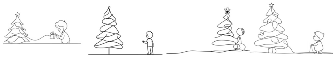 New year's card boy looking at Christmas tree with star on top. Modern illustration totally editable, choose thickness and line placement.