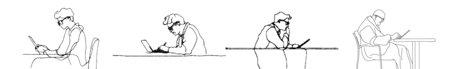 Fototapeta premium A sitting man planning using a tablet is drawn in continuous line