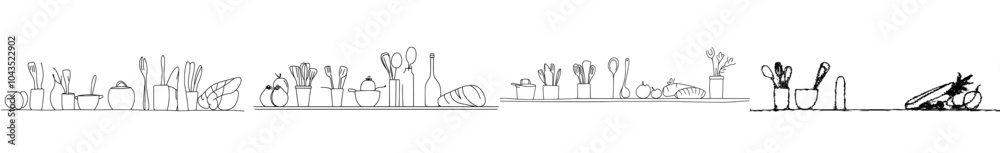 Poster an illustration of a chef working in a kitchen. continuous line drawing pattern. border with utensil