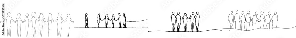 Poster unity and friendship continuous single line drawing. hands held by people, friends.