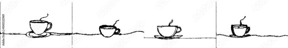 Poster illustration of a coffee cup in a continuous line art style. a black line sketch is drawn on a white
