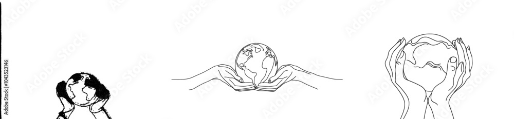 Poster The hand holding the earth globe is drawn in one line. Continuous contours are traced by hand in a modern illustration.