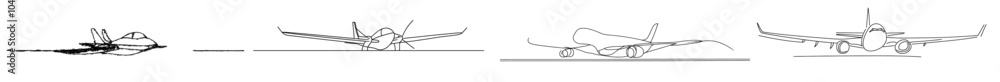 Aufkleber an aerial view of a passenger plane flying. a continuous line drawing style. black linear sketch iso