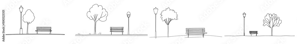 Aufkleber one line drawing of a bench in a park near a tree and lantern.
