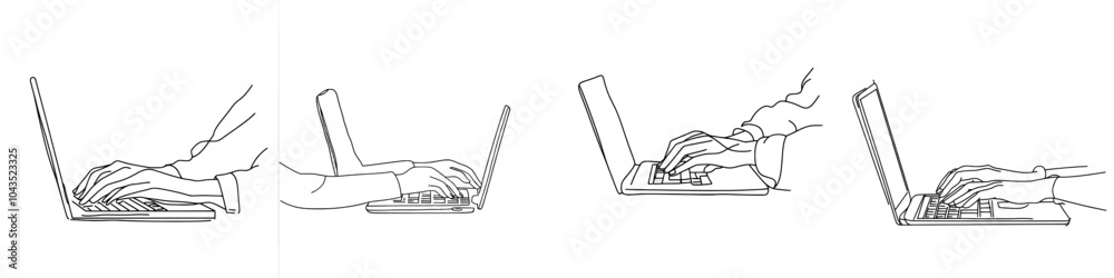 Poster an illustration showing a continuous line of hand fingers typing on a laptop for business office wor