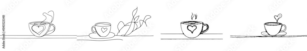 Poster a coffee cup with a heart shaped latte art and coffee beans on the saucer in continuous line art sty