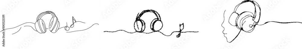 Aufkleber a line drawing of headphones. continuous sketch of a music gadget and note. musical symbol outline. 