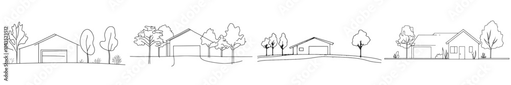 Poster Drawing of a fresh green simple house isolated on a background of minimalist design. Cool continuous line draw design graphic modern illustration.