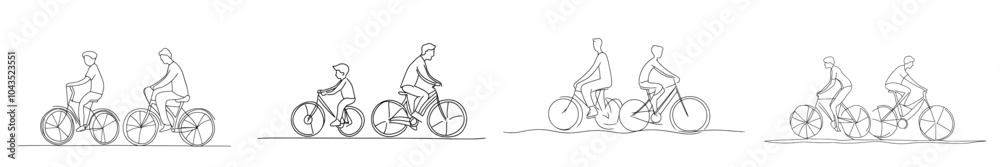 Poster a father and son riding bicycles together in continuous line art style. a black linear sketch on a w