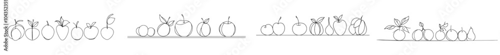 Aufkleber Fruits in one line. Continuous line of pineapple banana citrus pear and grape, trendy monoline healthy food. Modern fruit isolated from the background.