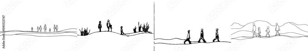 Poster continous line drawing of a happy family with one child holding hands and walking together. black li