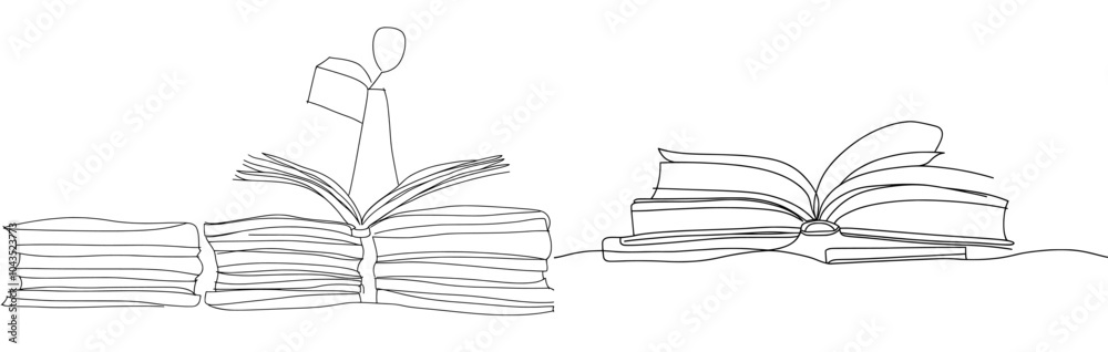 Fototapete An isolated simple line graphic design of a books stack in minimalist style on a white background. The hand drawn structure is considered to be a modern graphic style.