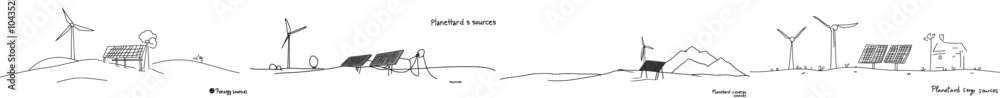 Aufkleber Drawing in simple linear style of a wind turbine and solar panel with the sun. Green energy and renewable resources. Concept of a power station. Editable strokes. Print-ready.
