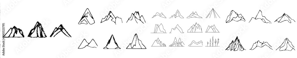 Poster a set of modern illustrations of linear mountain ranges and continuous outline peaks, featuring a tr