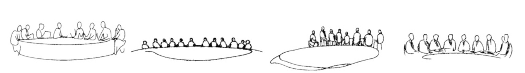 The continuous line drawing shows a group of people sitting, standing, meeting, and supporting each other