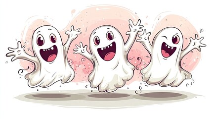 Obraz premium A delightful line art illustration of cute ghosts in simple vector style, each ghost with a unique expression, ideal for spooky or fun designs.