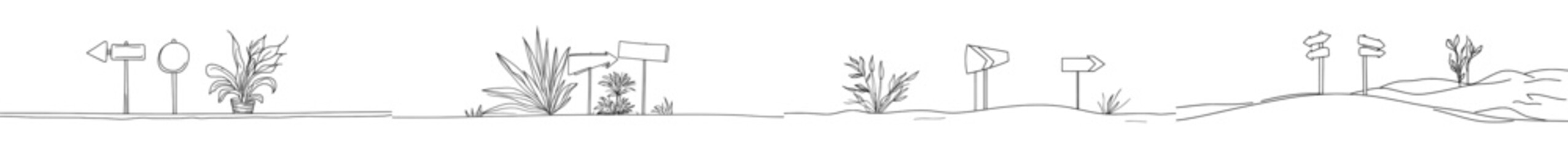 One-line illustration of road direction signs isolated on a white background. Perfect for banners, websites, templates, postcards, and web design elements.