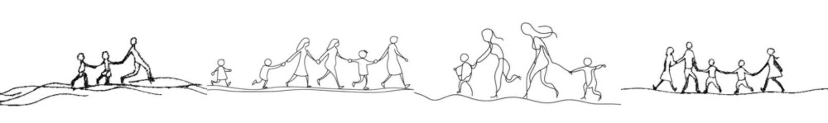 Three generations of a family walking together. Dad, mom, and two children