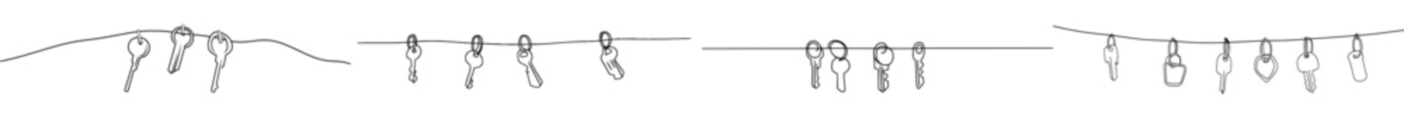 Line art modern illustration of a set of keys on a key ring with a continuous single line drawing