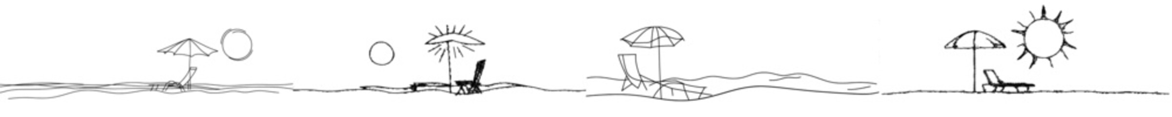 Doodle outline modern illustration of beach umbrella and chair. Concept of holiday summer and vacation in paradise island and sea. Editable stroke. Doodle outline modern illustration.