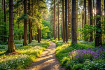 Obraz premium A tranquil forest scene features a winding path surrounded by tall trees and wildflowers, woodland landscapes, forest paths, wildflowers