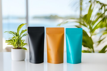 A set of three coffee bags with customizable labels, arranged on a white countertop, mockup