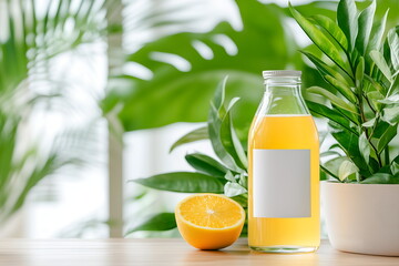 Fototapeta premium A clean minimalistic mockup of a glass citrus juice bottle with a blank label, layout with copy space