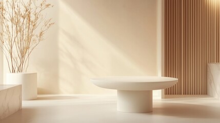 Empty stone pedestal on beige backdrop, scene with copy space for your products presentation. Empty modern minimal concept mock up for cosmetic, skin care and other products advertising.