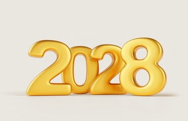 Happy New Year 2028. Golden 3d number isolated on white background render. Christmas congratulation banner. Luxury realistic gold shiny metal font for calendar, poster, greeting card. 3D illustration