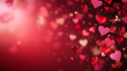 Valentine's Day background with red and pink hearts on a dark red gradient backdrop.