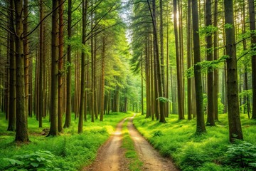 Fototapeta premium A lush green forest with tall trees and a winding dirt path leading into the distance, woodland, outdoor, foliage