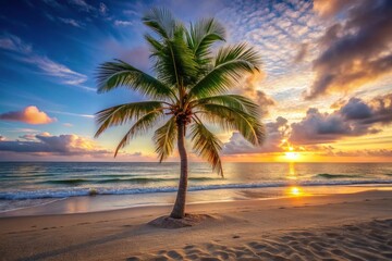 A lone palm tree stands tall on a sandy beach at sunset with its leaves swaying gently in the ocean breeze, nature, palm trees, outdoor