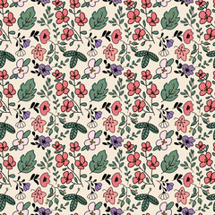 Seamless background filled with vintage flowers on a beige background. 베이지색 배경에 빈티지게 낙서 꽃들이 가득 채워져있는 이음새가 없는 배경지