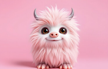 Obraz premium Funny fluffy pink monster on transparent pink background. Joyful and soft little monster. Charming yeti. Halloween character.